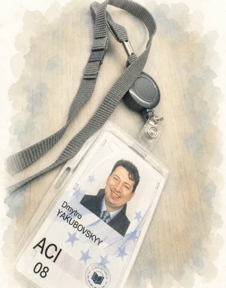 Watercolor accreditation badge on a lanyard