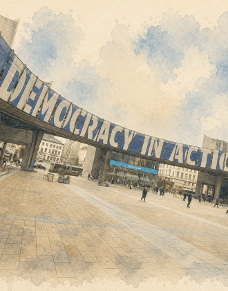 European Parliament area in Brussels with Democracy in Action banner
