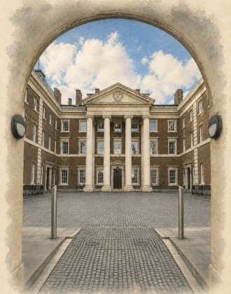 British institutional courtyard viewed through a stone arch